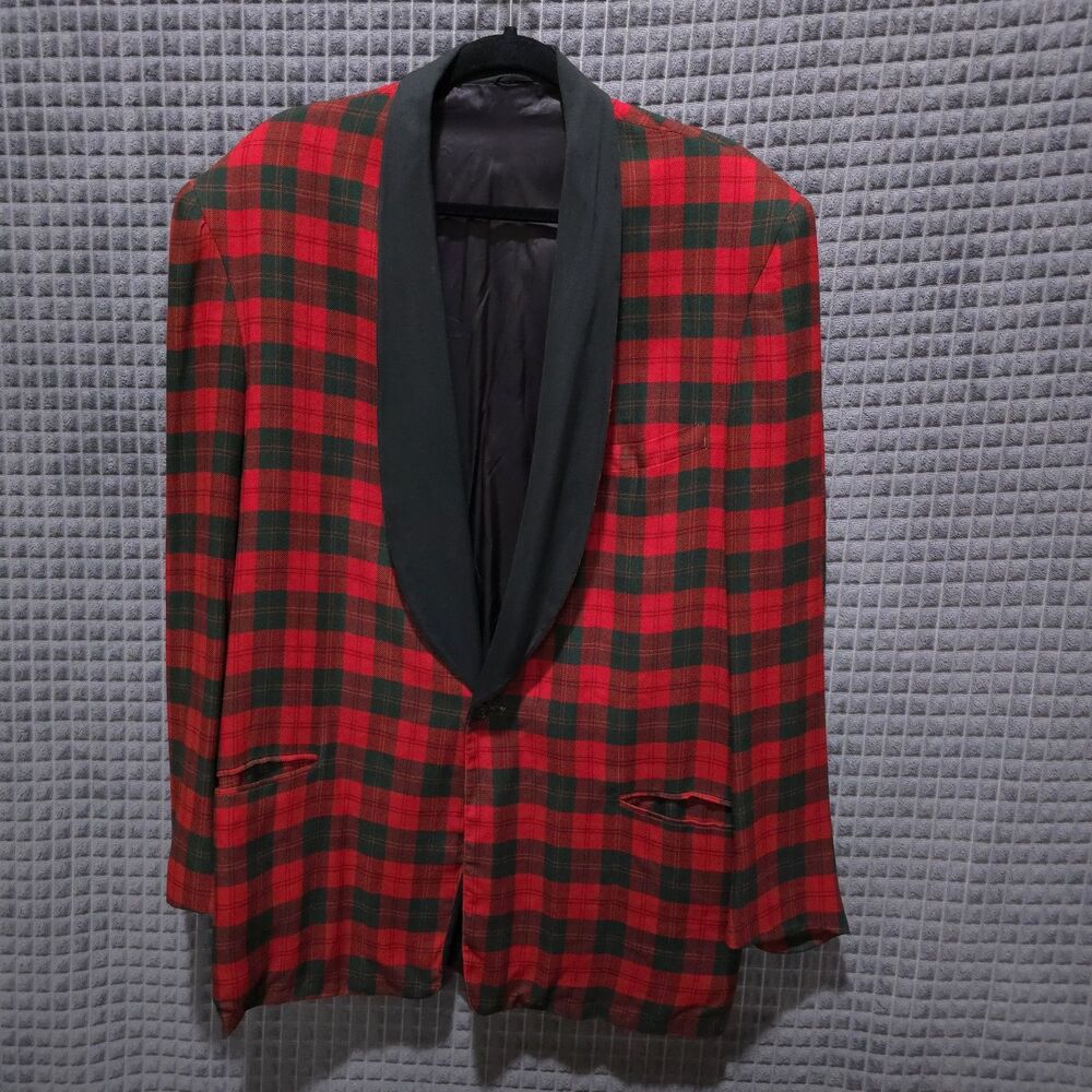 VTG Towncraft Blazer Jacket SzXL Christmas Red Green Tartan Plaid Shoulder Pads